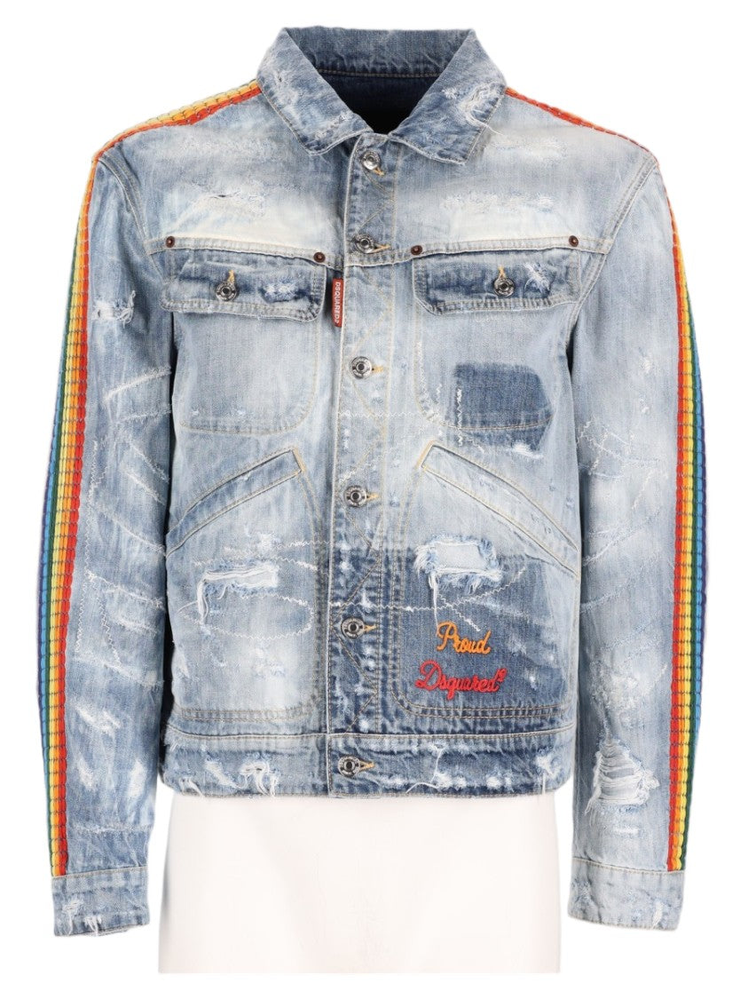 Dsquared2 Blue Distressed Rainbow Striped Denim Jacket