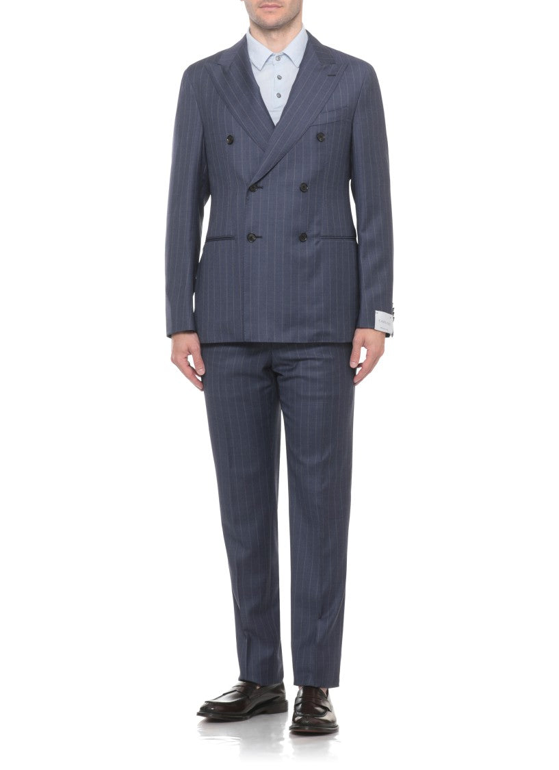 Caruso Double-Breasted Wool Suit With Pinstriped Pattern