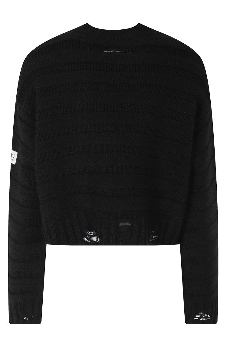 Mm6 By Maison Margiela Black Distressed Cropped Ribbed Trim Wool-Blend Sweater