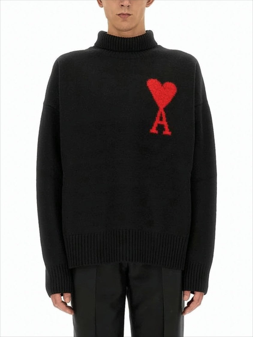 Ami Relaxed Fit Black Wool Turtleneck Sweater With Graphic Heart Motif