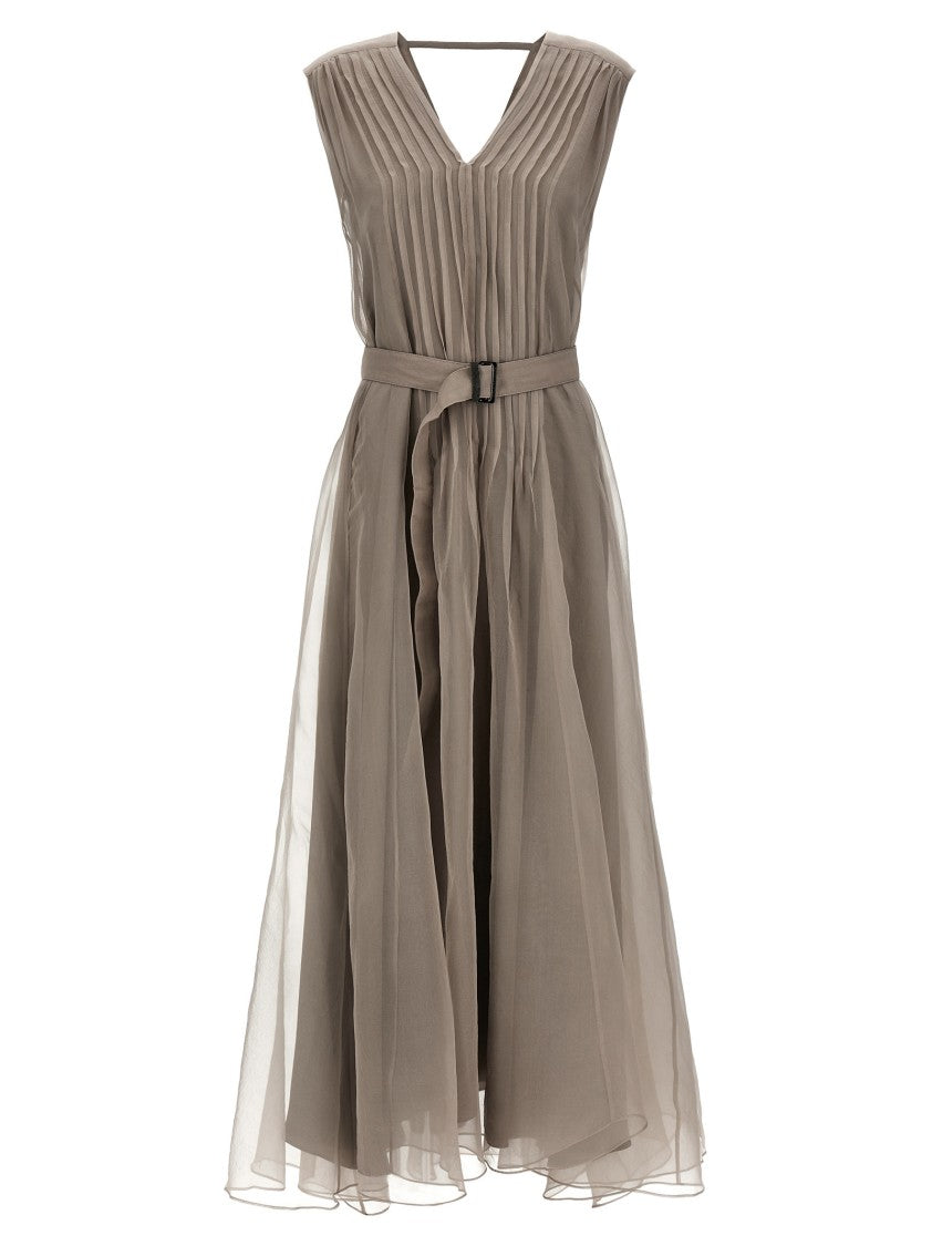Brunello Cucinelli Pleated Silk Midi Dress With Monile Detail