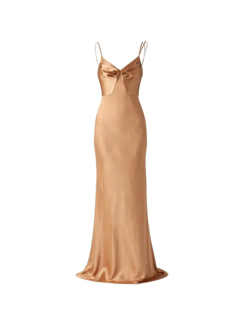 Elisabetta Franchi Beige Satin Cowl Neck Day Dress