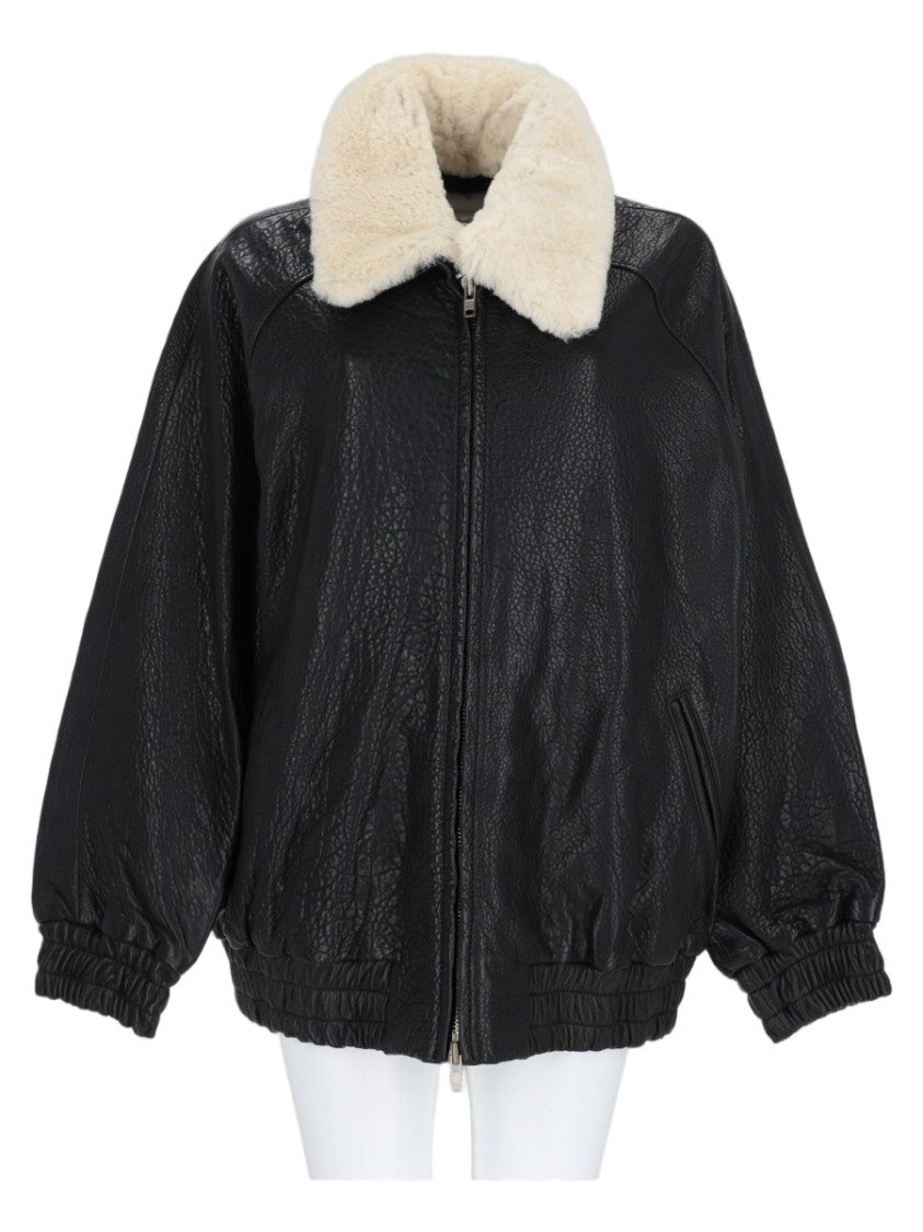 Stand Studio Black Shearling Collar Lambskin Leather Jacket