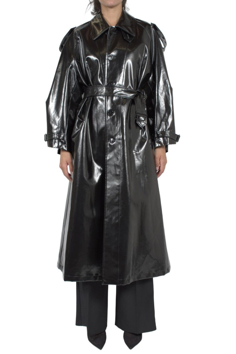 Saint Laurent Black Glossy Long Belted Polyurethane Coat