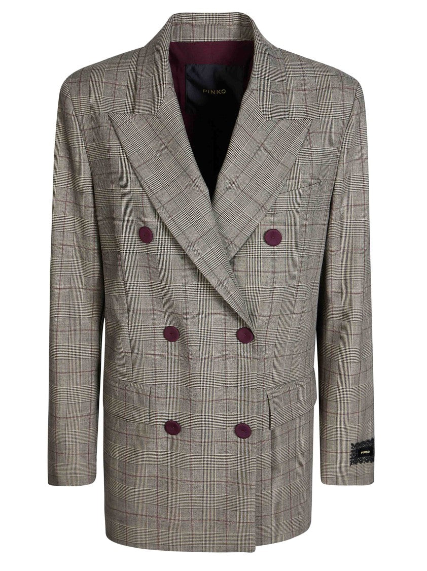 Pinko New Guinea Wool-Blend Checkered Double-Breasted Blazer
