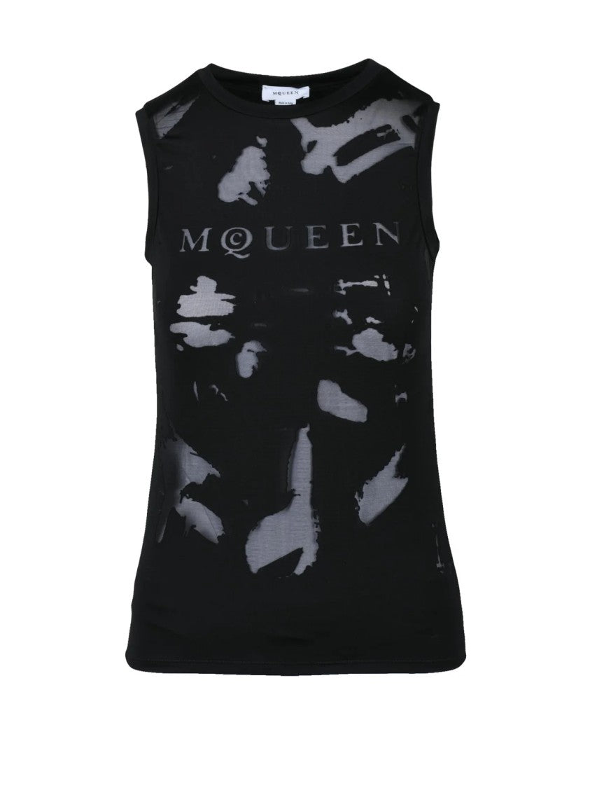Alexander Mcqueen Sleeveless Fitted Top With Abstract Semi-Sheer Pattern