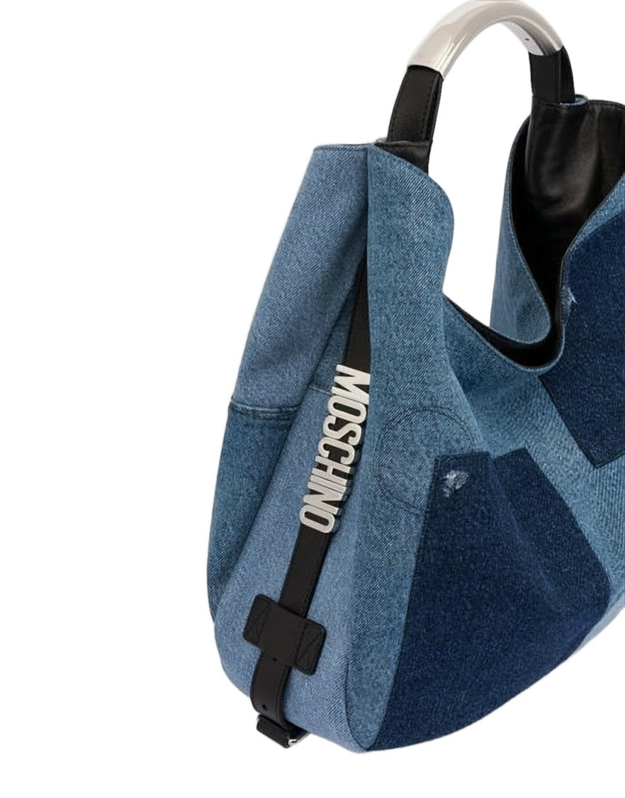Moschino Patchwork Denim Shoulder Bag With Silver-Tone Accents
