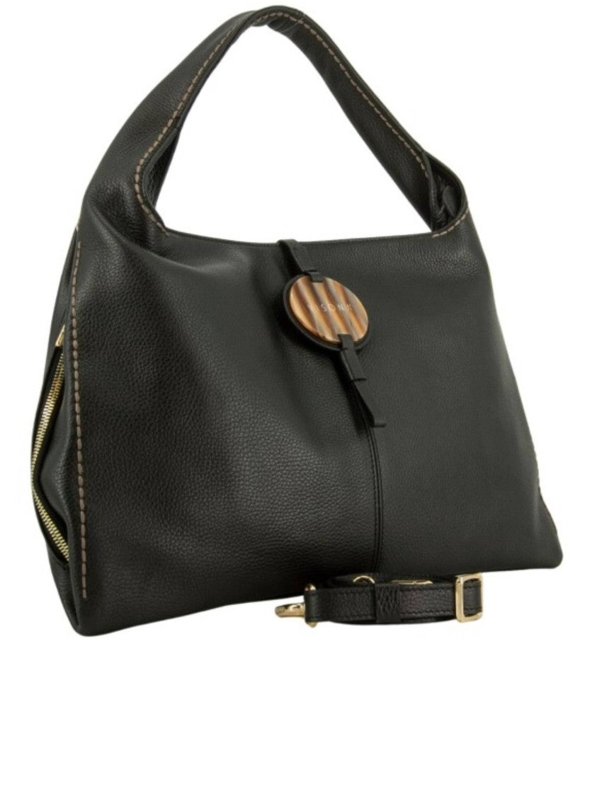 Visona` Black California Leather Oval Wooden Bag