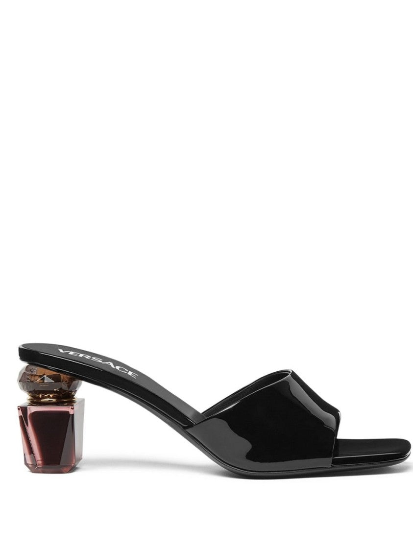 Versace Black Sculpted Heel Branded Leather Sandals