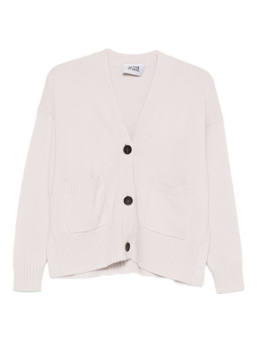 Alpha Studio White Wool-Cashmere Blend Cardigan With Front Buttons