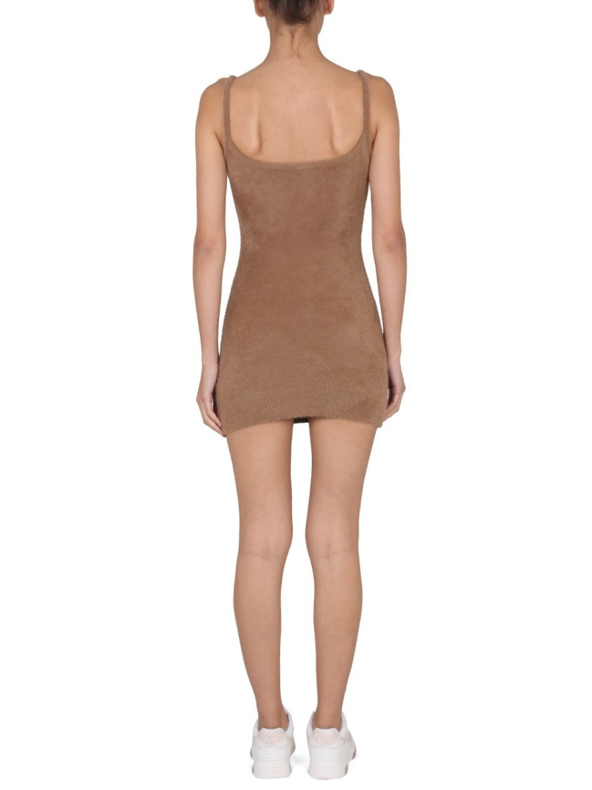 Off-White Fuzzy Mini Dress With Round Neckline