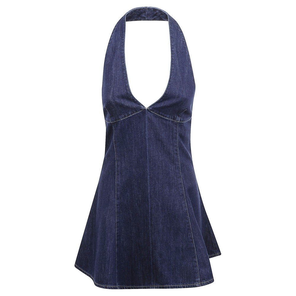 Mc2 Saint Barth Dark Blue Denim Mini Dress With Halter Neckline