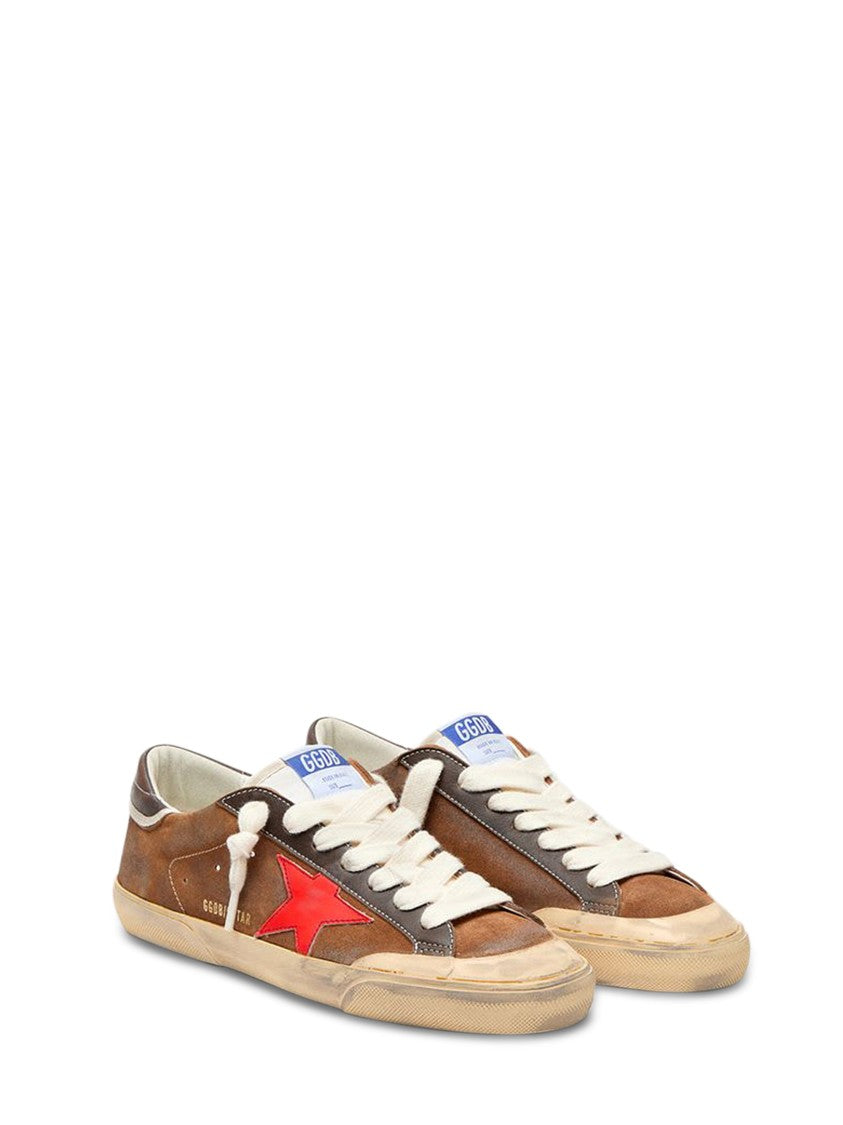 Golden Goose Distressed Brown Leather Sneakers With Red Star Accent