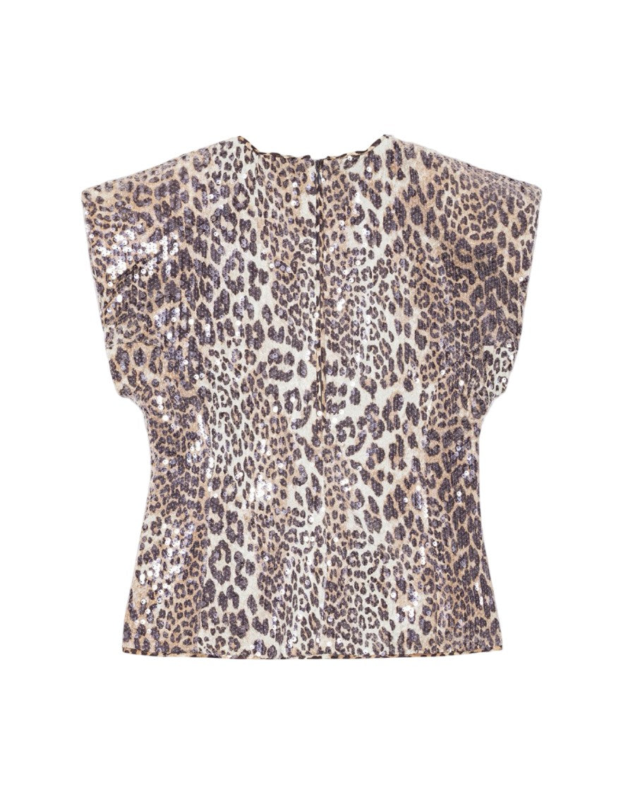 Ganni Leopard Print Sequin-Embellished Top With Structured Shoulders