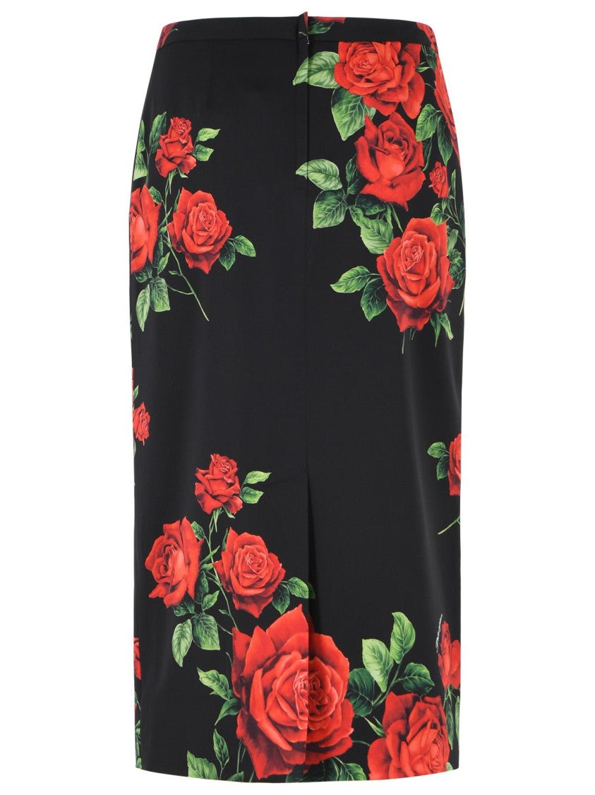 Dolce & Gabbana Black Rose Pattern Stretch Silk Midi Skirt