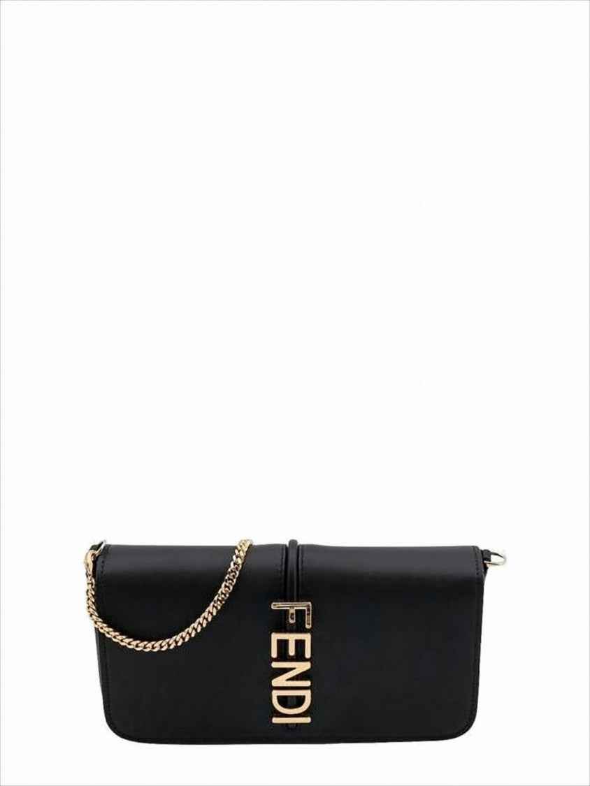 Fendi Minimalist Black Calf Leather Crossbody Bag With Gold-Tone Charm
