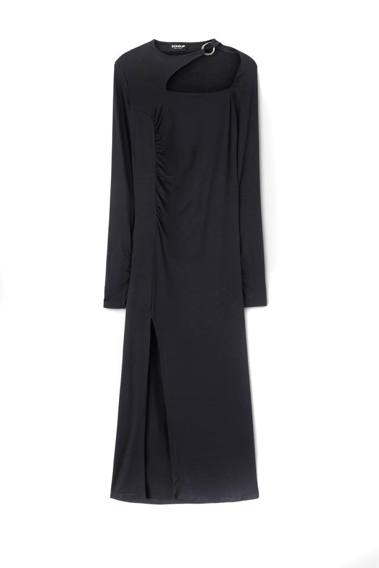 Dondup Black Midi Dress Asymmetrical Neckline High