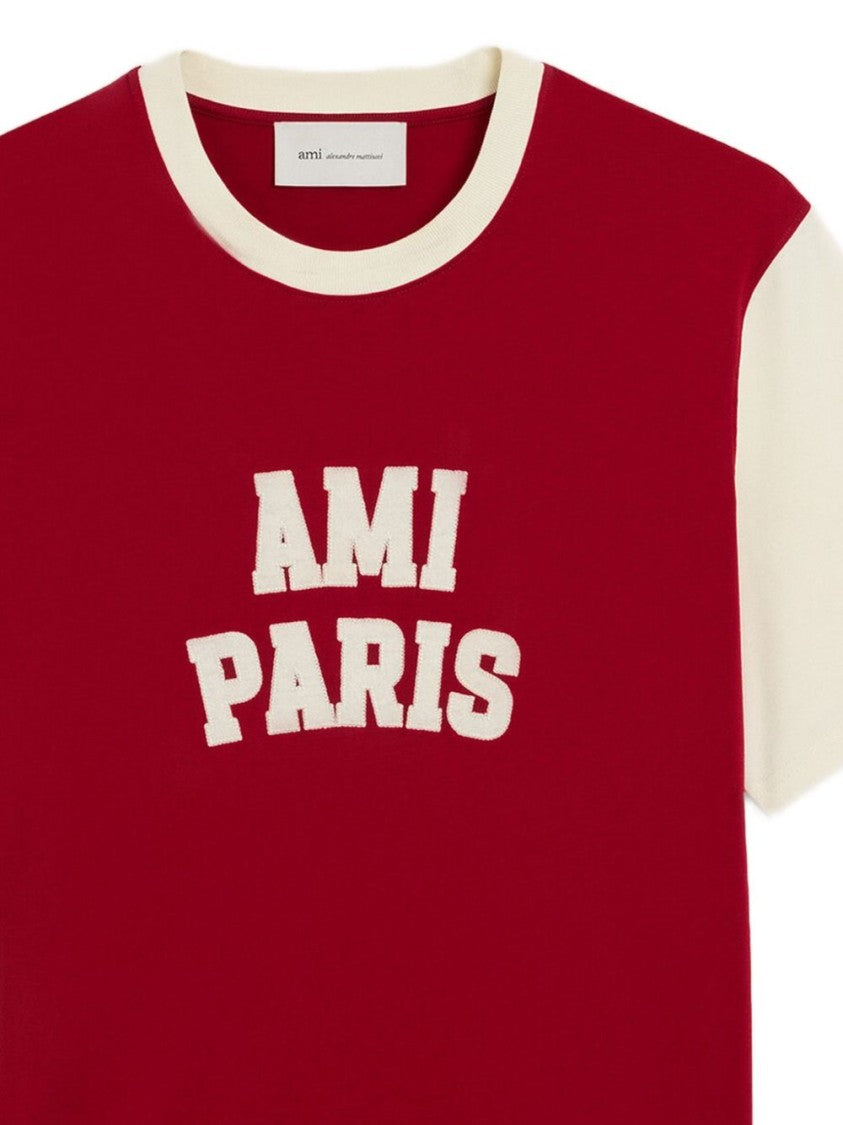 Ami Paris Burgundy Jersey T-Shirt With Cream Color-Block Design