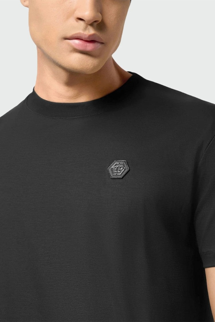 Philipp Plein Black Crewneck Embroidered Hexagon Patch Cotton T-Shirt