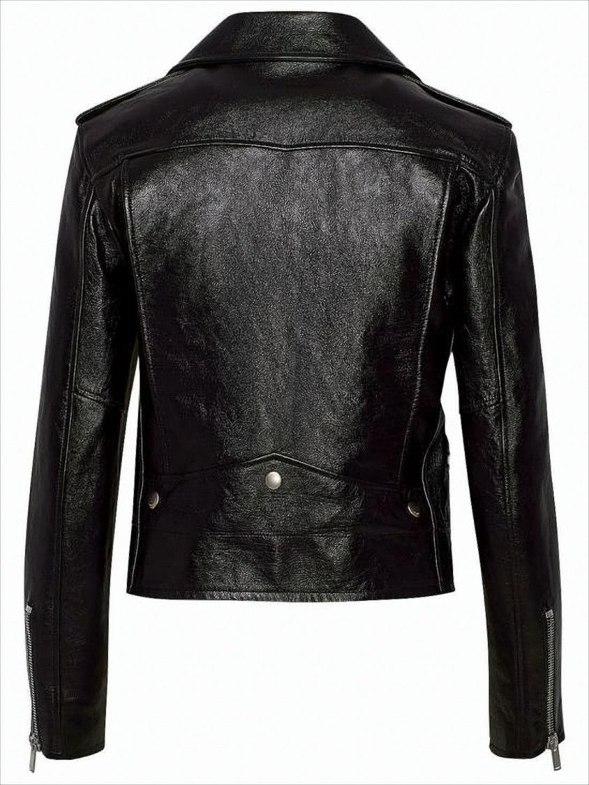 Saint Laurent Cropped Black Leather Jacket With Zipper
