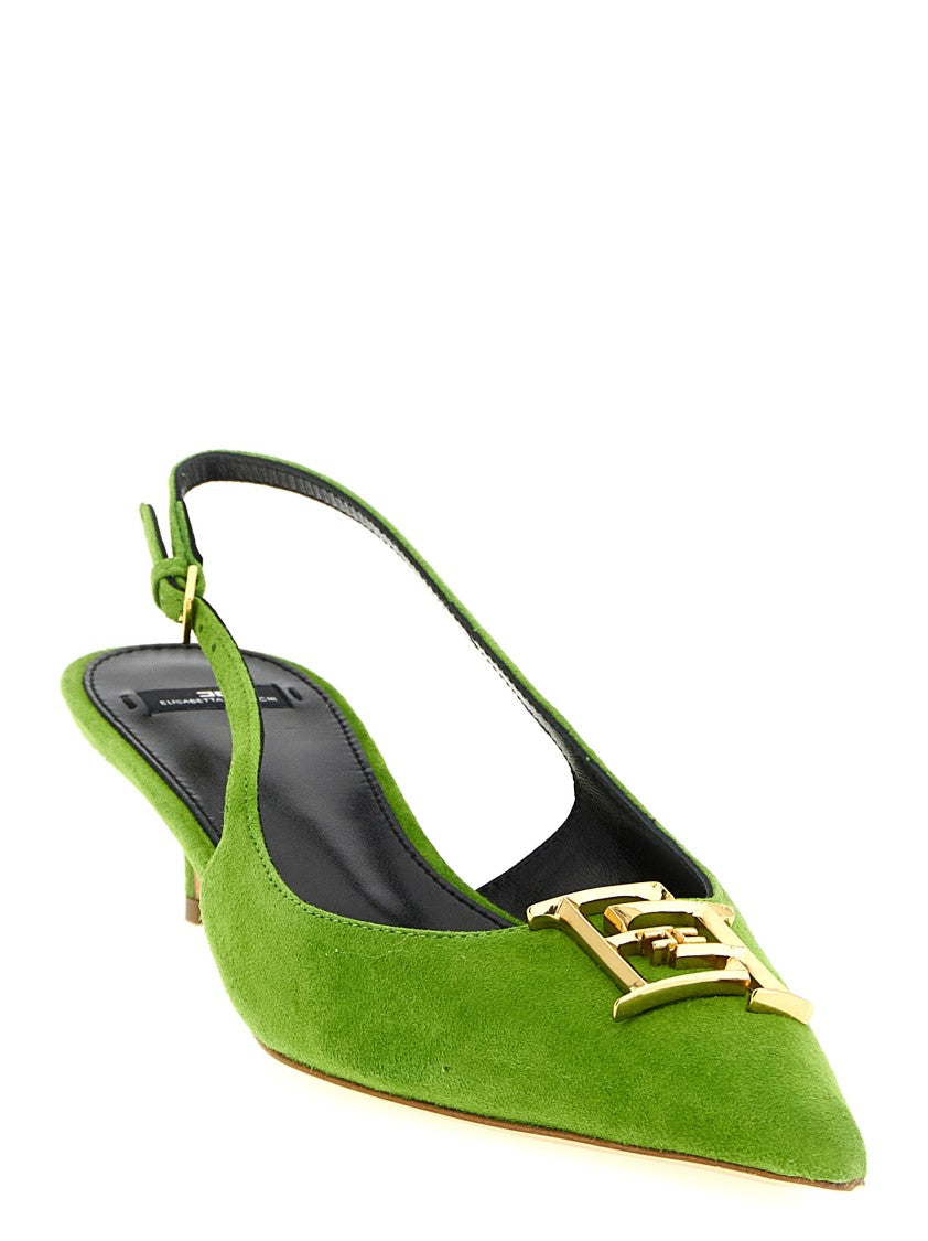 Elisabetta Franchi Pointed Toe Suede Slingbacks With Front Metal Logo
