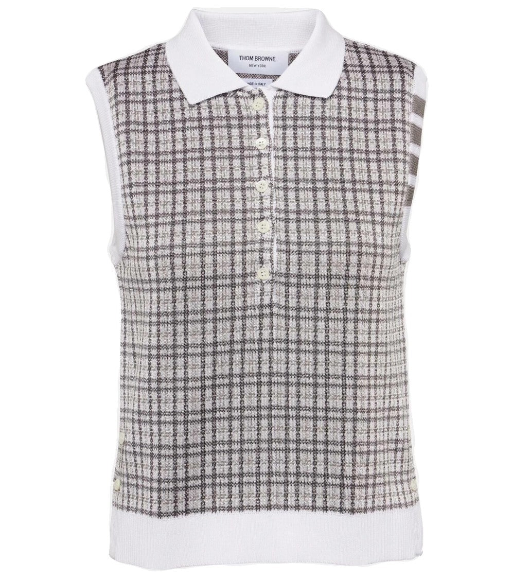 Thom Browne Checkered Knit Sleeveless Top With Pointed Collar