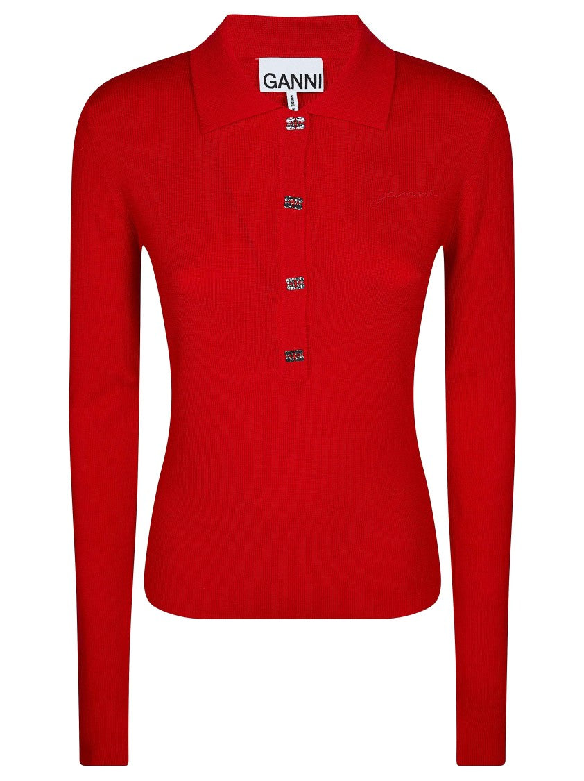 Ganni Fitted Long-Sleeve Ribbed Merino Wool Polo Shirt