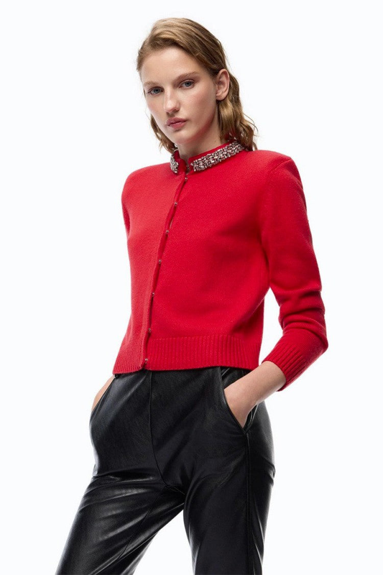 Pinko Red Embellished Collar Wool-Blend Cardigan