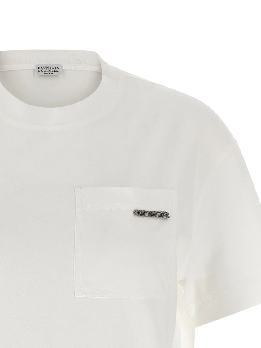 Brunello Cucinelli White Metallic Pocket Detail Cotton T-Shirt