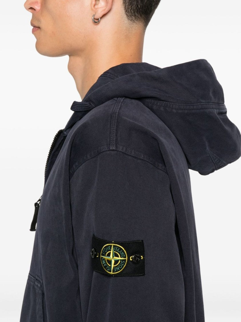 Stone Island Zip-Up Hoodie In Deep Ink Blue Organic Cotton With Logo Badge