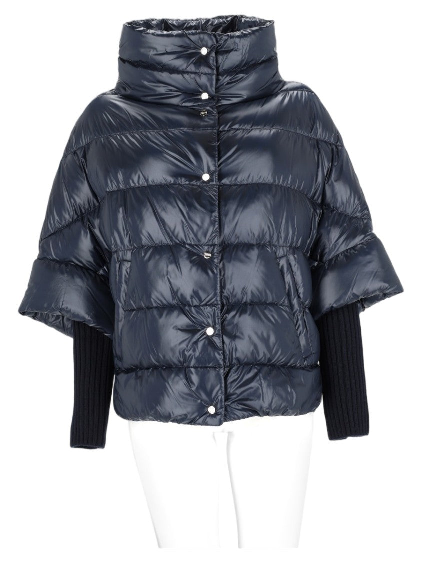 Herno Blue Ribbed Knit Sleeve Polyamide Down Coat