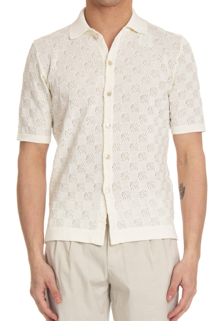 Eleventy Short-Sleeved White Checkered Polo Shirt With Mother-Of-Pearl Buttons