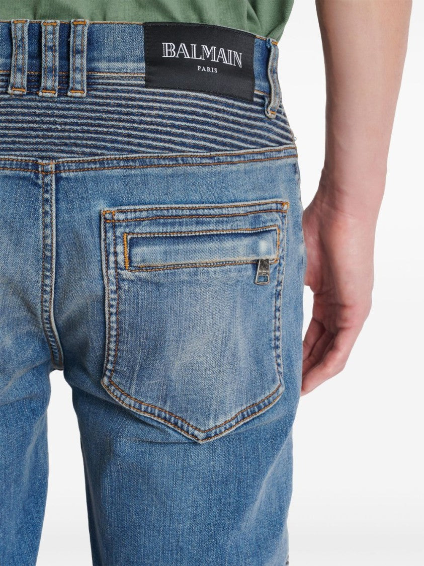Balmain Indigo Blue Distressed Slim Denim Trousers