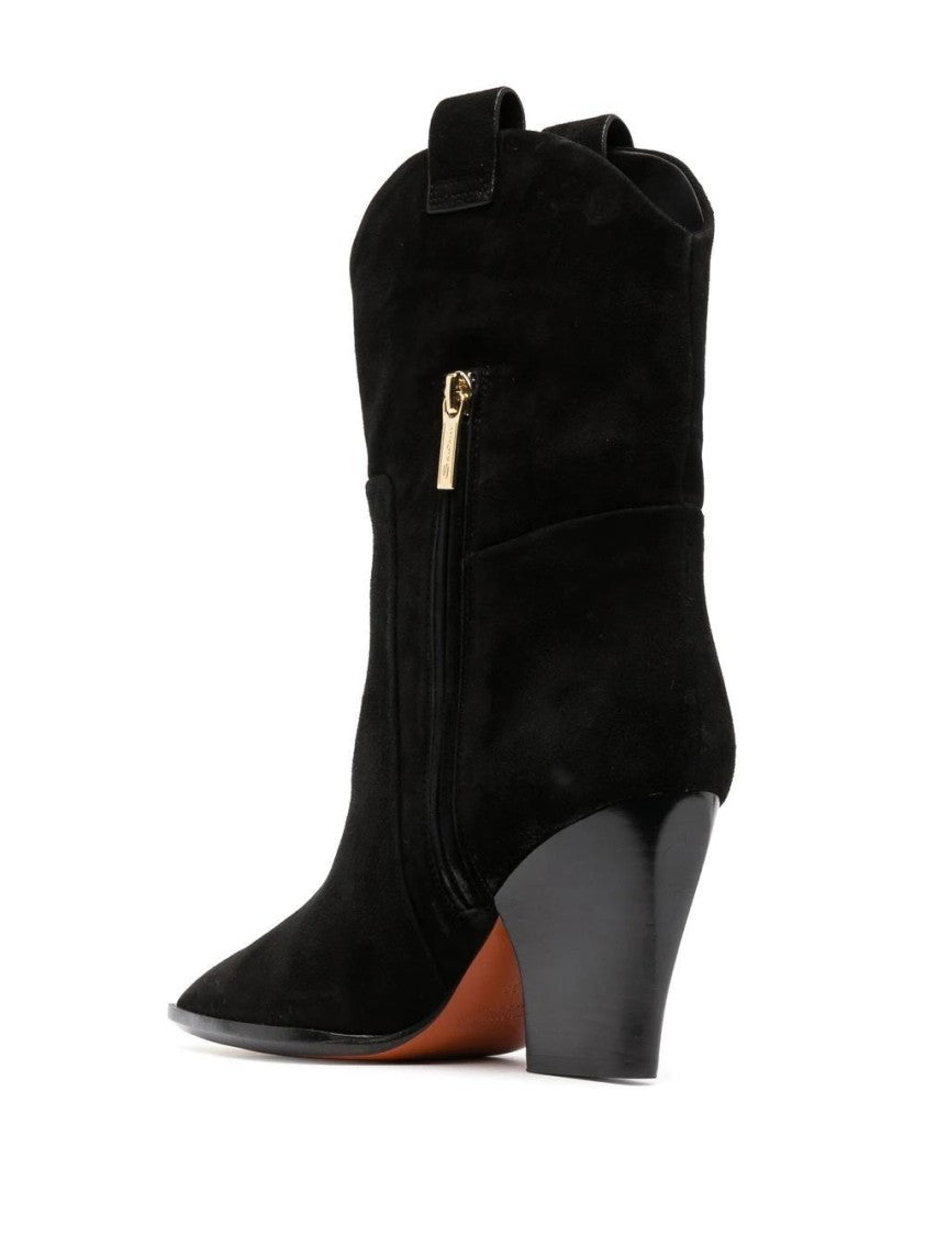 Santoni Pointed Toe Black Suede Ankle Boots With Curved Block Heel