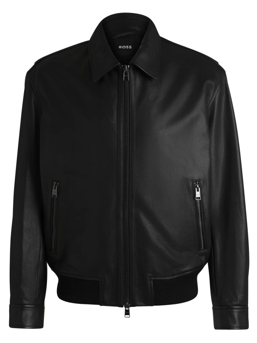 Hugo Boss Structured Black Leather Bomber Jacket With Ribbed Cuffs