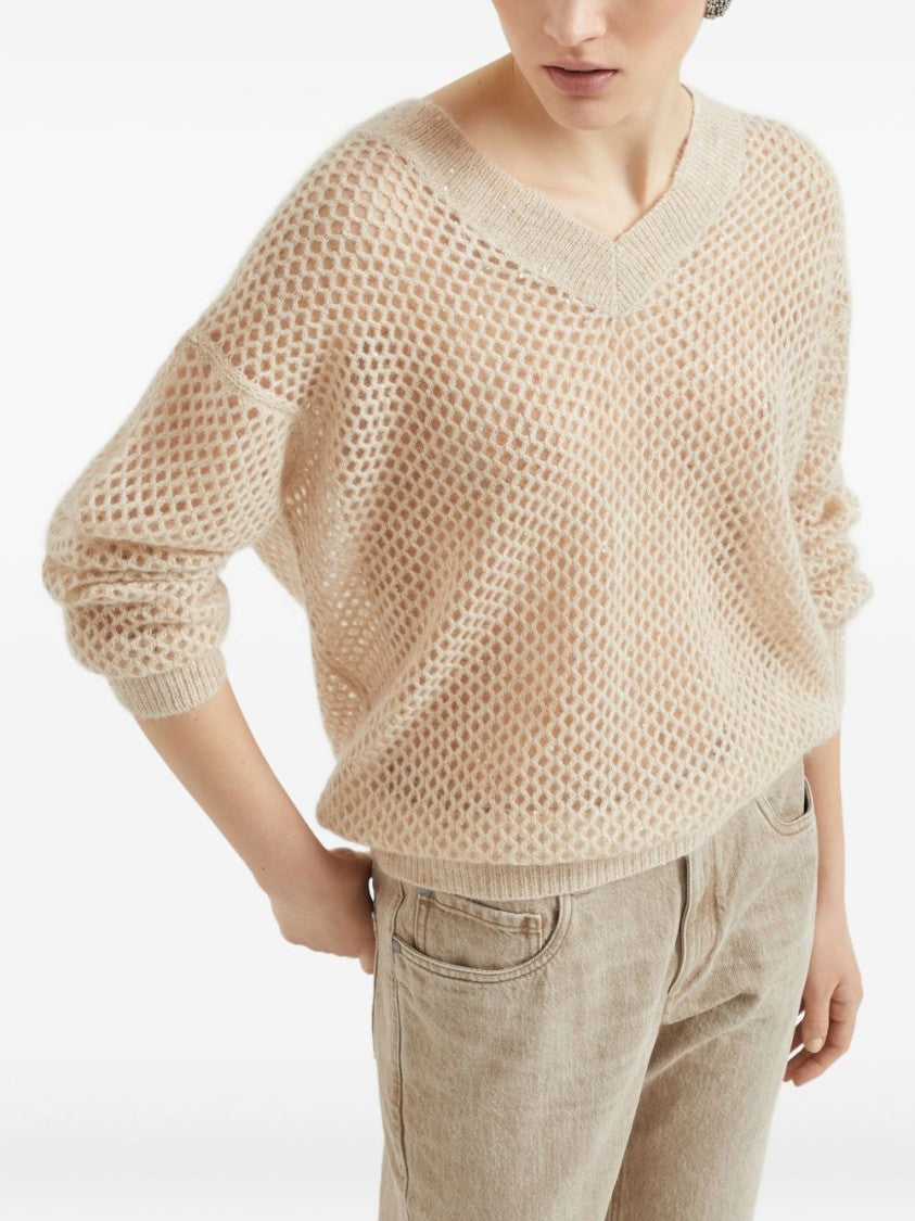 Brunello Cucinelli Deep V-Neck Open Knit Sweater