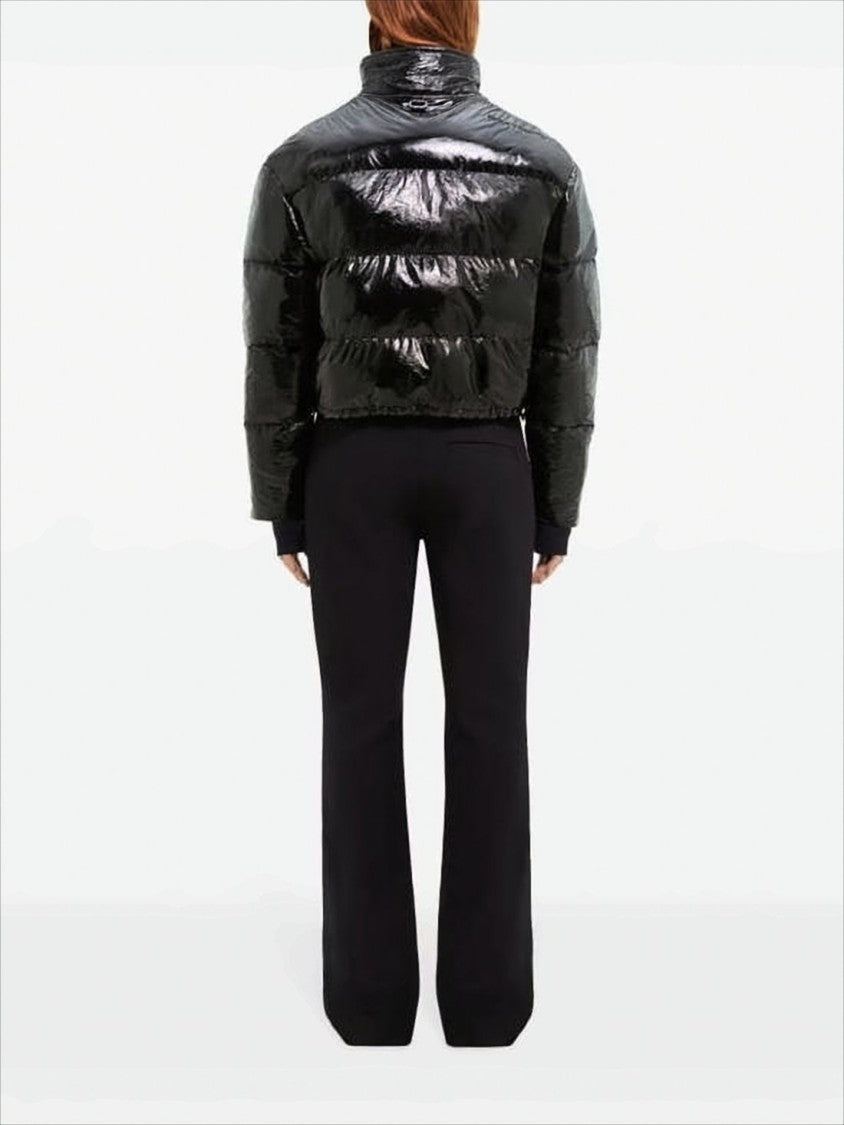 Courrèges Cropped Black Puffer Jacket With Glossy Finish And Adjustable Hem