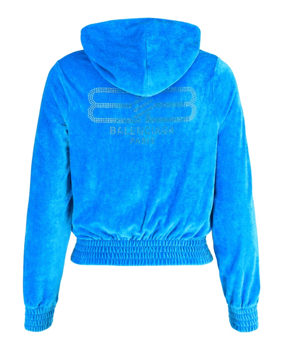 Balenciaga Velvet Zip-Up Hoodie With Crystal-Embellished Logo