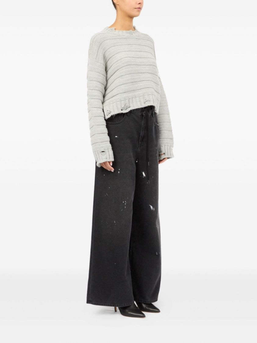 Mm6 By Maison Margiela Cropped Grey Sweater With Ribbed Knit
