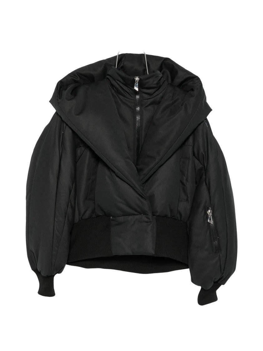 The Attico Cropped Black Puff Sleeve Bomber Jacket