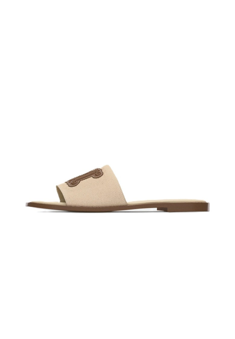 Max Mara Beige Textured Slide Sandals With Embroidered Emblem