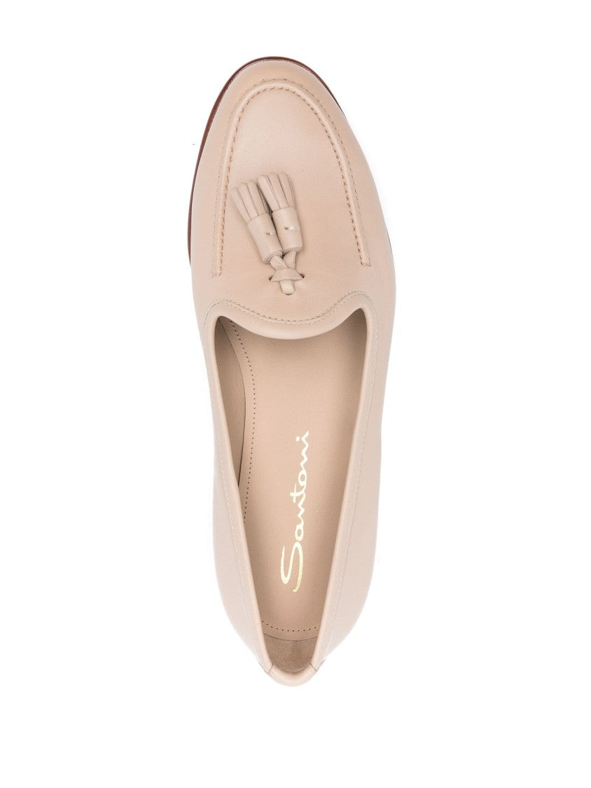 Santoni Beige Leather Tassel Loafers With Rubber Sole