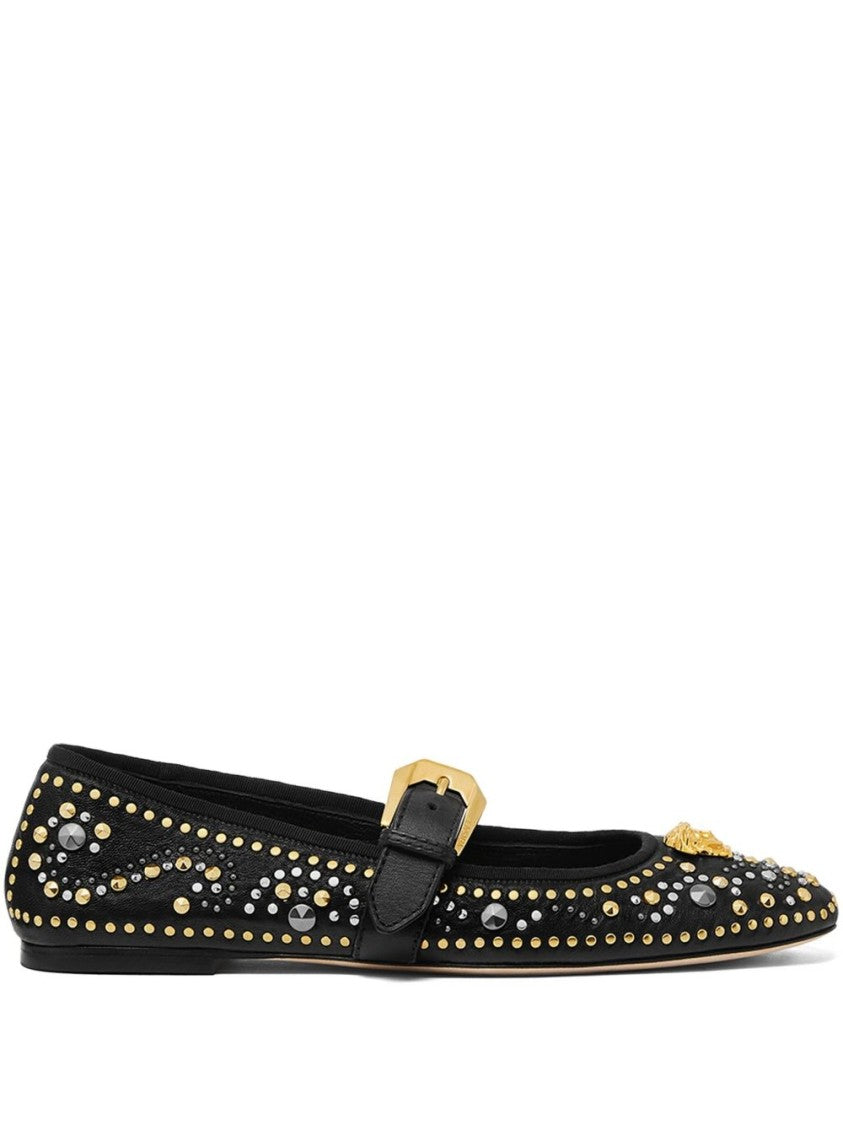 Versace Studded Black Flats With Gold Medusa Detail