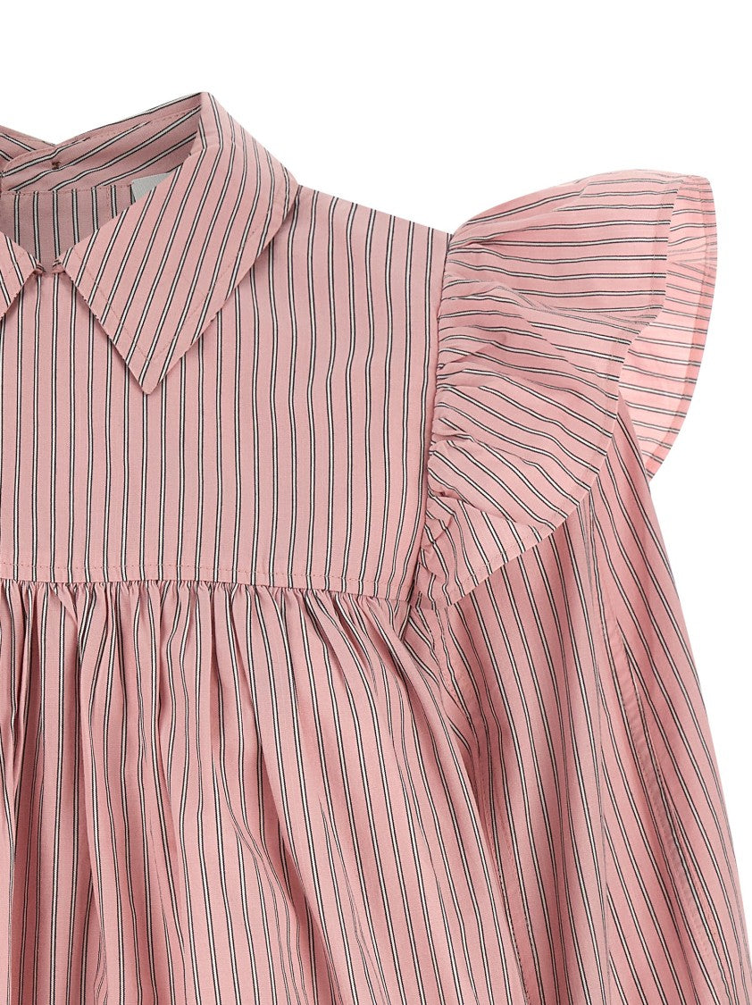 Ganni Oxford Striped Blouse With Ruffled Shoulders And Back Button Closure