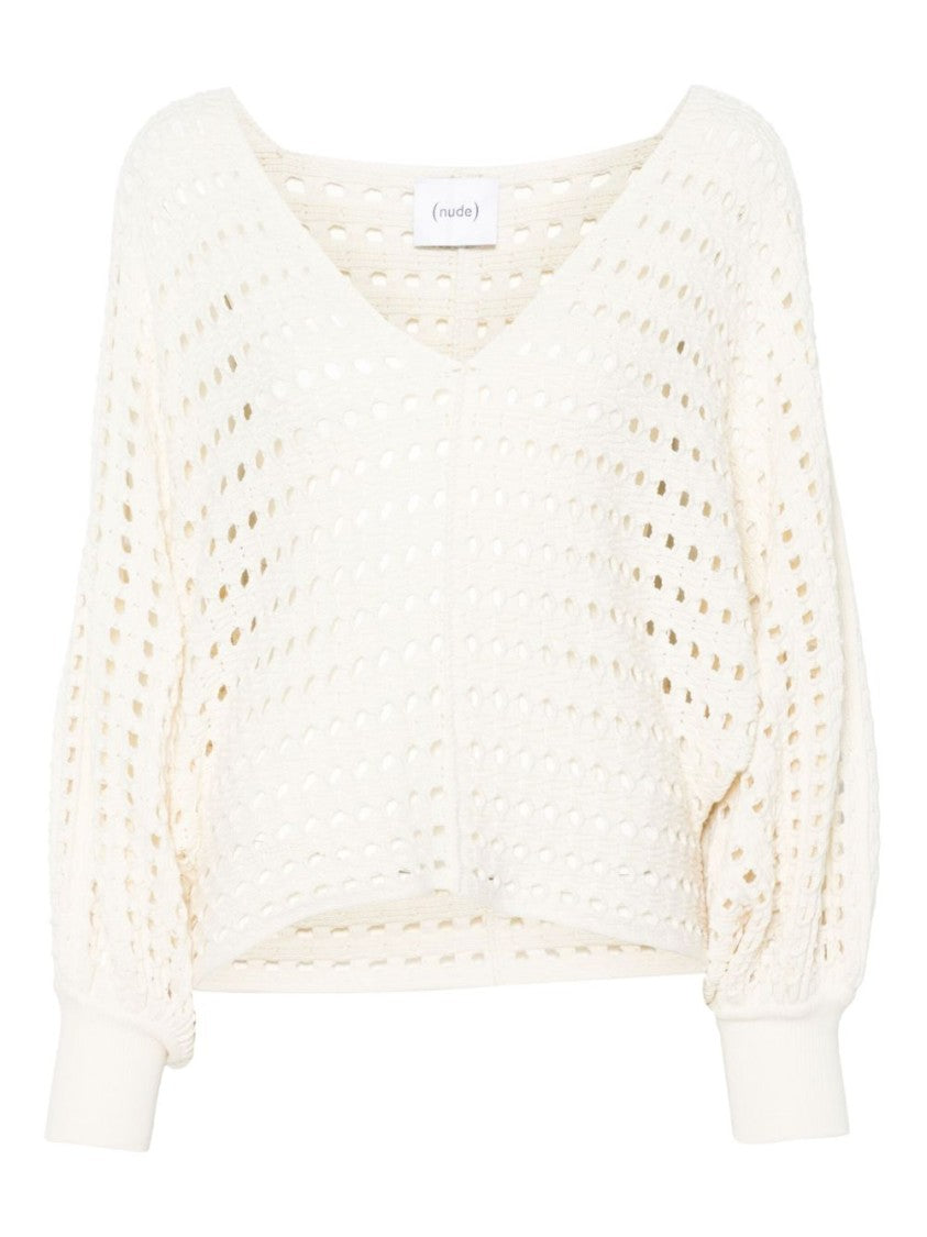 Nude Relaxed Fit White Sweater With Balloon Sleeves