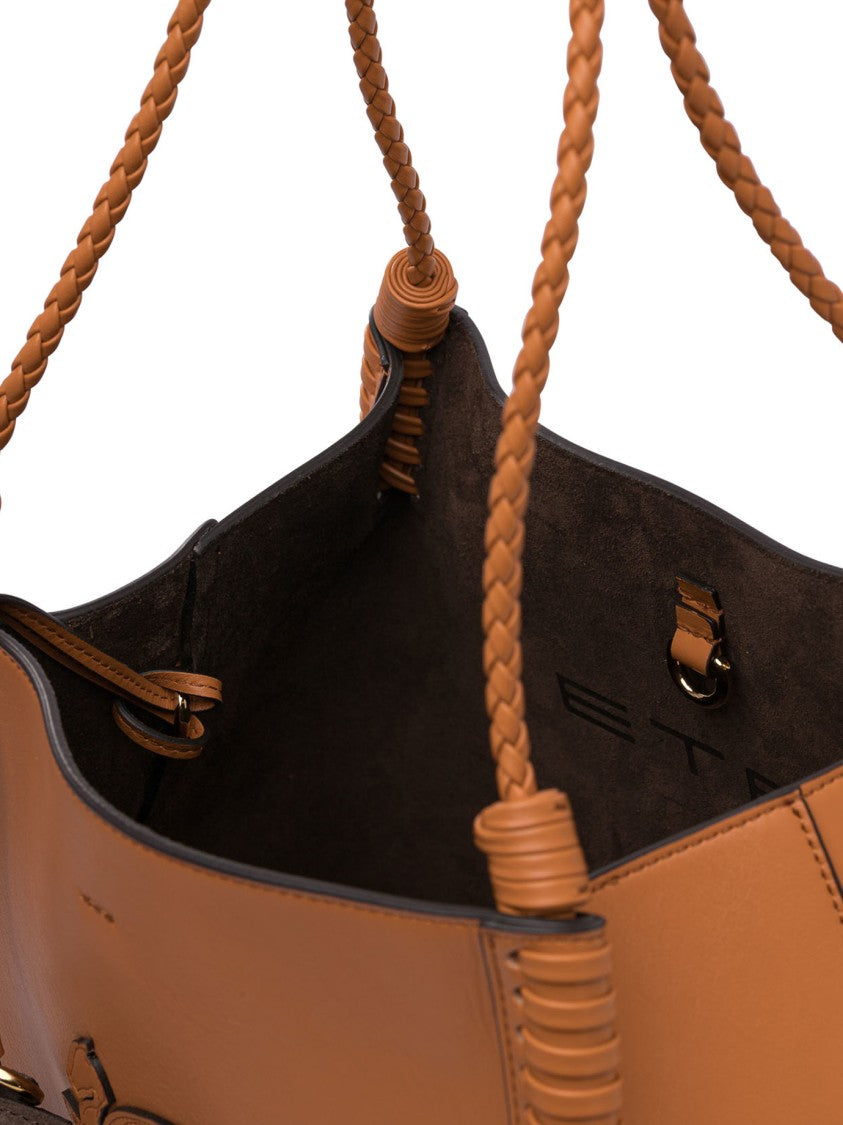 Etro Structured Brown Leather Shoulder Bag With Braided Handles