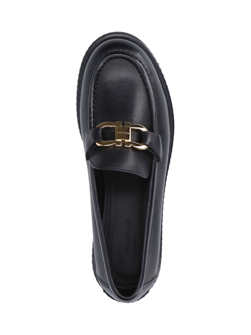 Ferragamo Black Leather Moccasins With Gold-Tone Logo Buckle