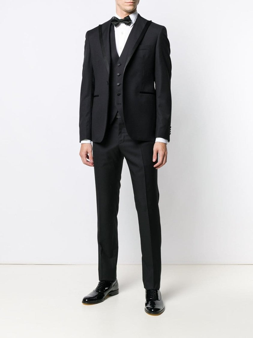 Tagliatore Three-Piece Black Suit With Pointed Satin Lapel