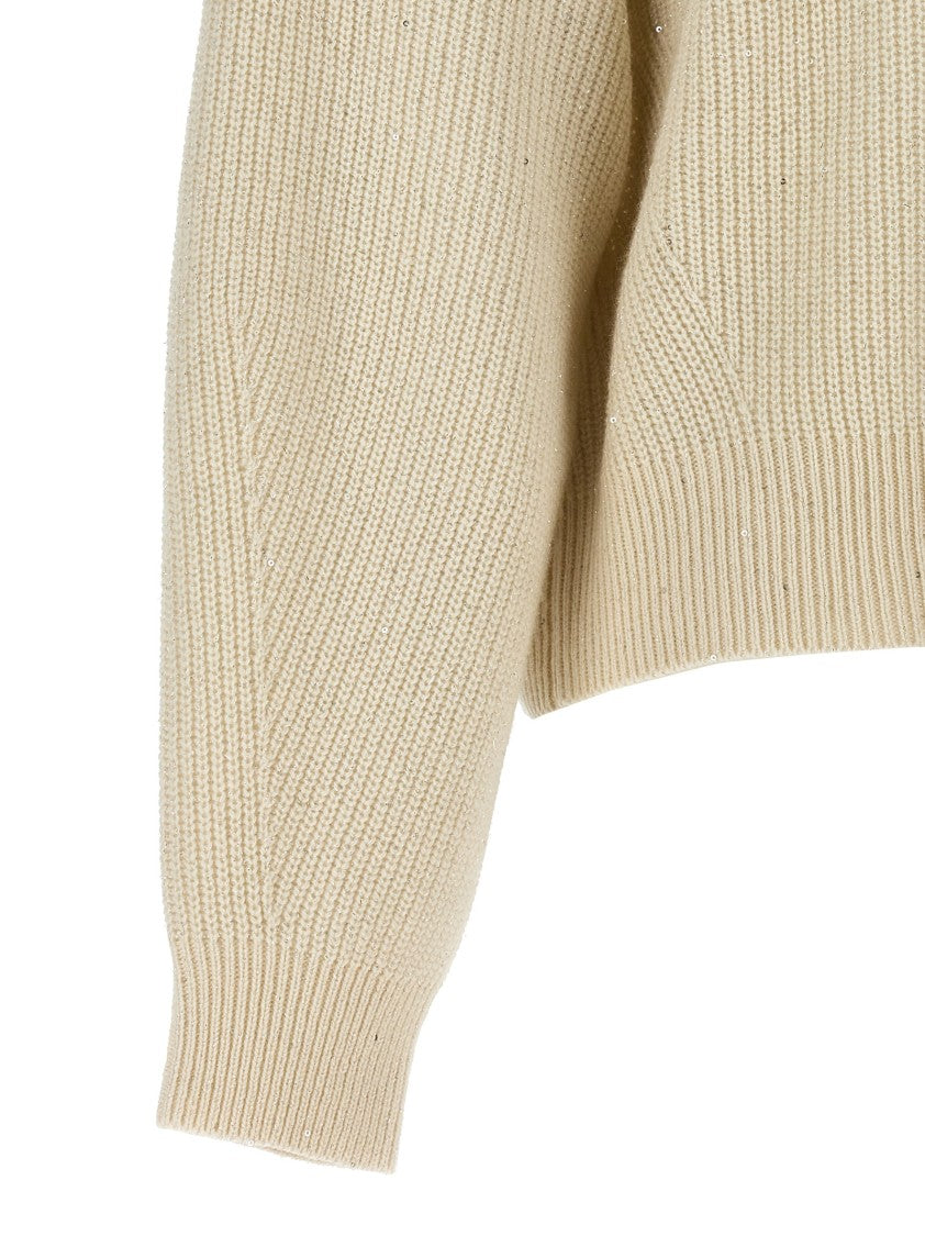 Brunello Cucinelli Ribbed Cashmere Blend Sweater With Sequin Appliqué