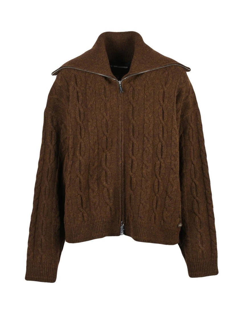 Karl Lagerfeld Brown Cable Knit High Neck Wool-Blend Zip Cardigan